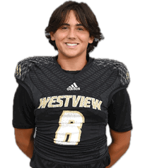 A person with medium-length hair is smiling and wearing a black football jersey with the word “WESTVIEW" and the number 8 in gold and white. Description generated by AI