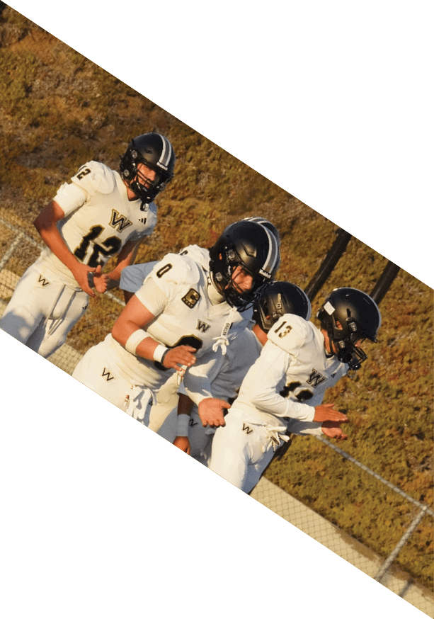 Four people in white football uniforms and black helmets stand together on a field with a fence and trees in the background. Description generated by AI