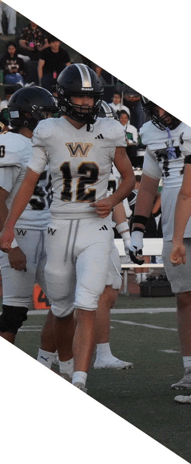 Three people wearing white football uniforms with black helmets stand on a field with bleachers in the background. Description generated by AI