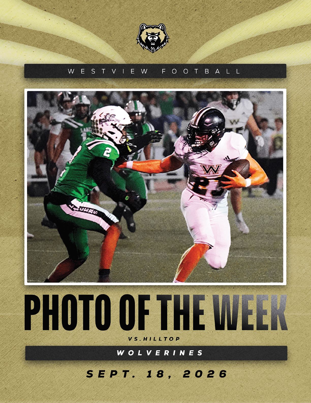 Two football players in action on the field with one player in white running with the ball and the other in green attempting to block, framed by text highlighting a Westview Football photo of the week event dated September 18, 2026. Description generated by AI