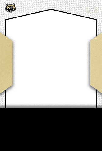 A blank white shield-shaped frame with a black outline is centered on a textured background with beige geometric shapes on the sides and a small bear head logo in the top left corner. Description generated by AI
