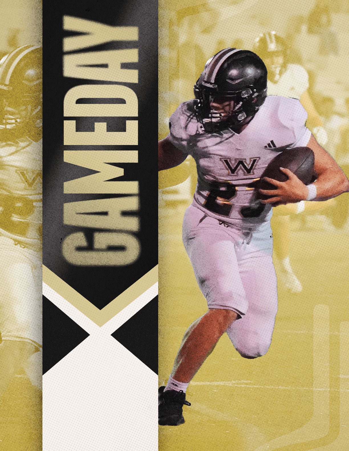 An athlete in a football uniform with a helmet is running with the ball on a field next to a vertical banner that says GAMEDAY. Description generated by AI