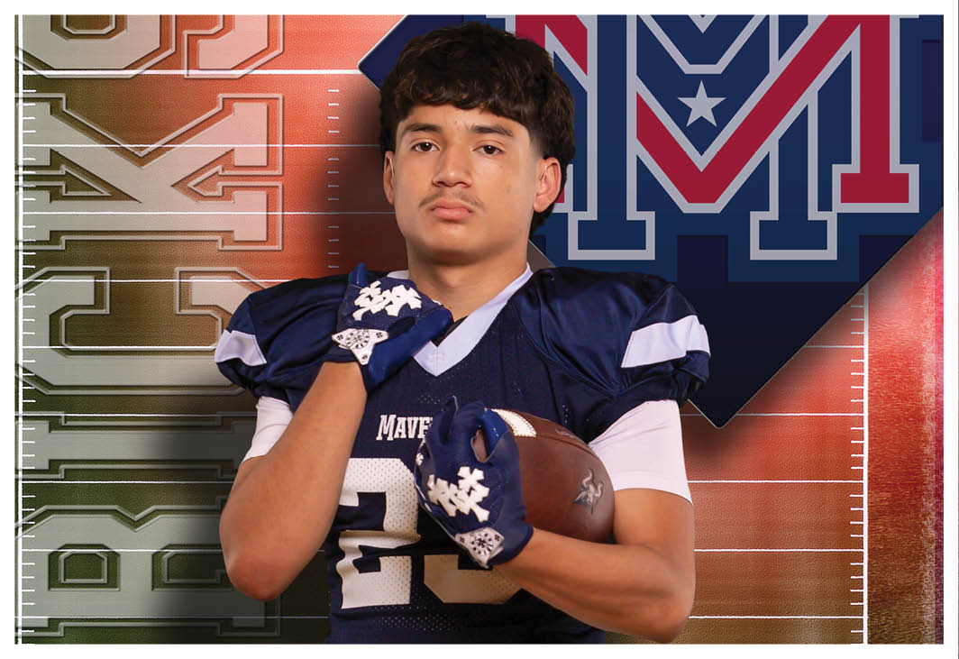 A football player wearing a blue and red jersey. Description generated by AI