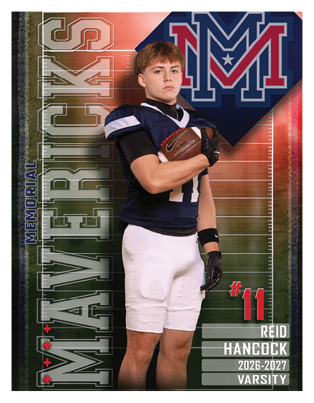 A football player wearing a blue and red jersey. Description generated by AI