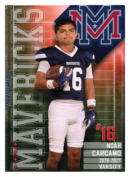 A football player wearing a blue and red jersey. Description generated by AI