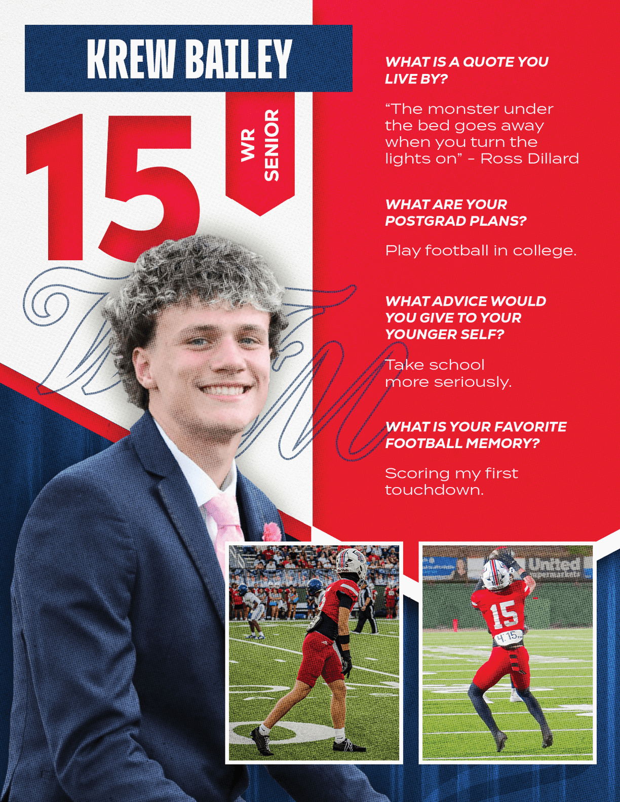 A football player wearing a blue and red jersey with the number 15 on it. Description generated by AI