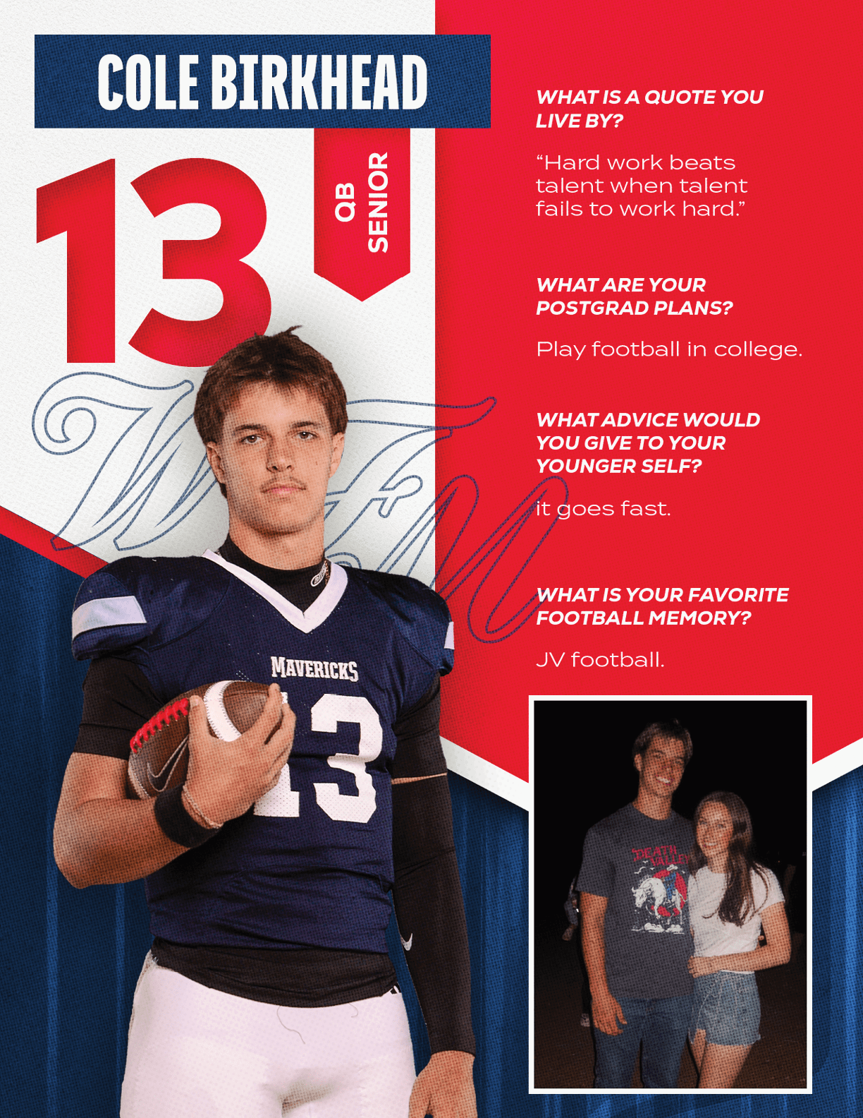 A football player wearing a blue and red jersey with the number 15 on it. Description generated by AI