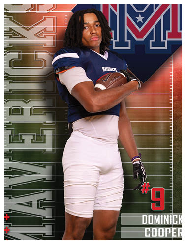 A football player wearing a blue and red jersey. Description generated by AI
