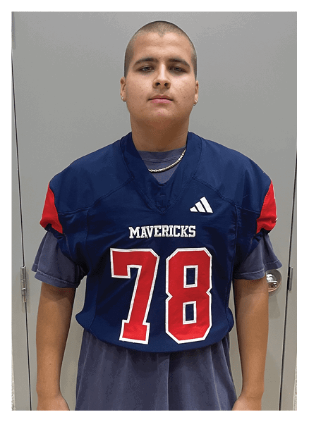 A football player wearing a blue and red jersey. Description generated by AI