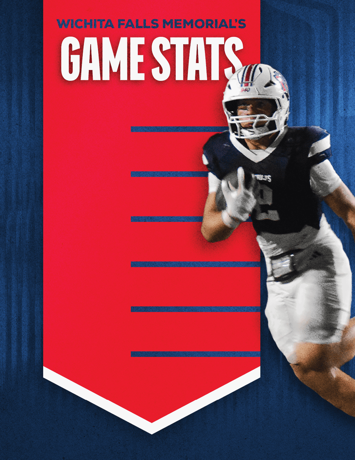 A football player wearing a blue and red jersey. Description generated by AI