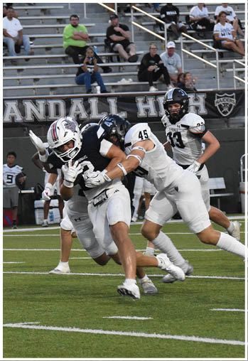 A group of football players celebrating a touchdown. Description generated by AI