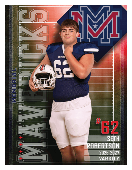 A football player wearing a blue and red jersey. Description generated by AI