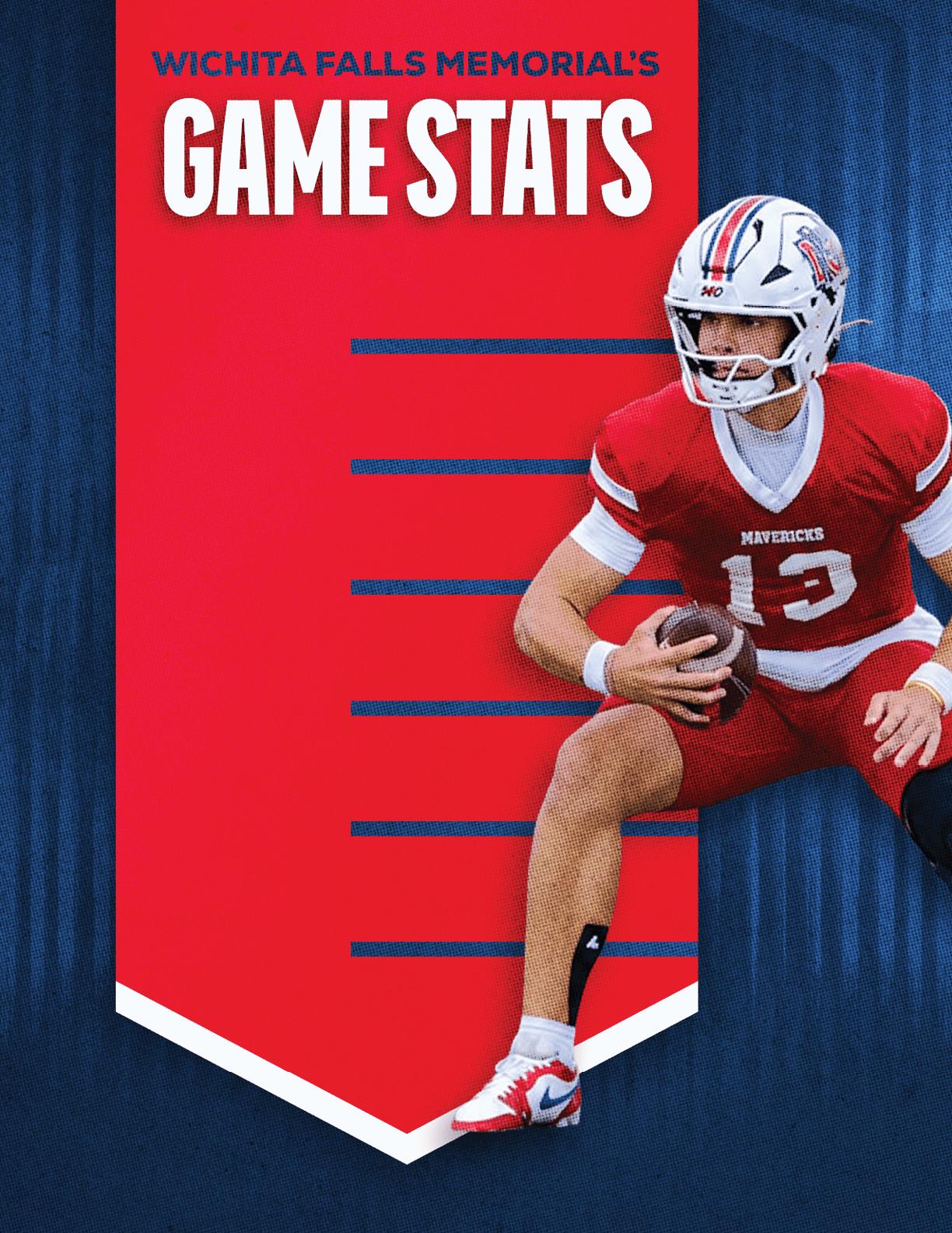 A football player wearing a blue and red jersey. Description generated by AI