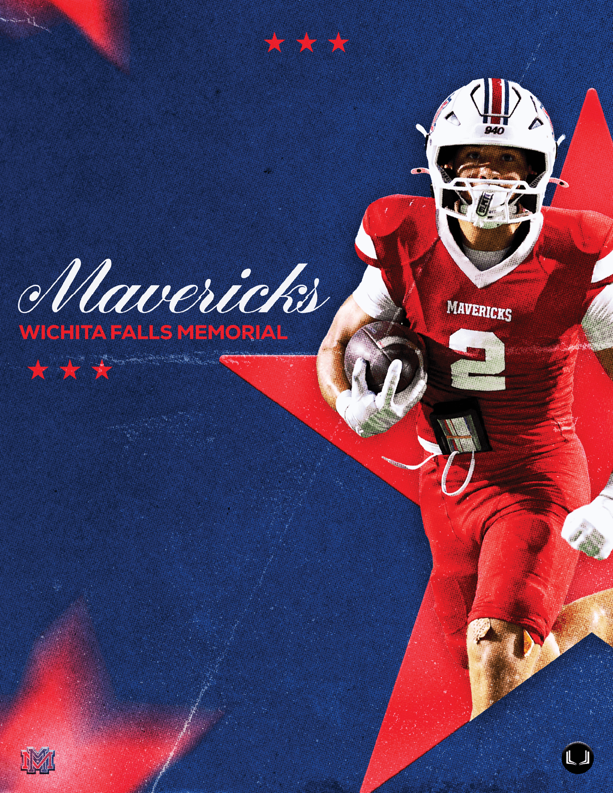 A football player wearing a blue and white uniform. Description generated by AI
