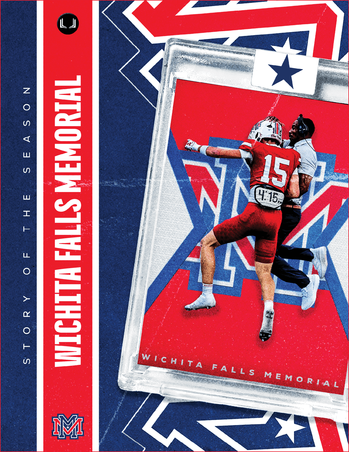 A blue and white card with a football player on it. Description generated by AI