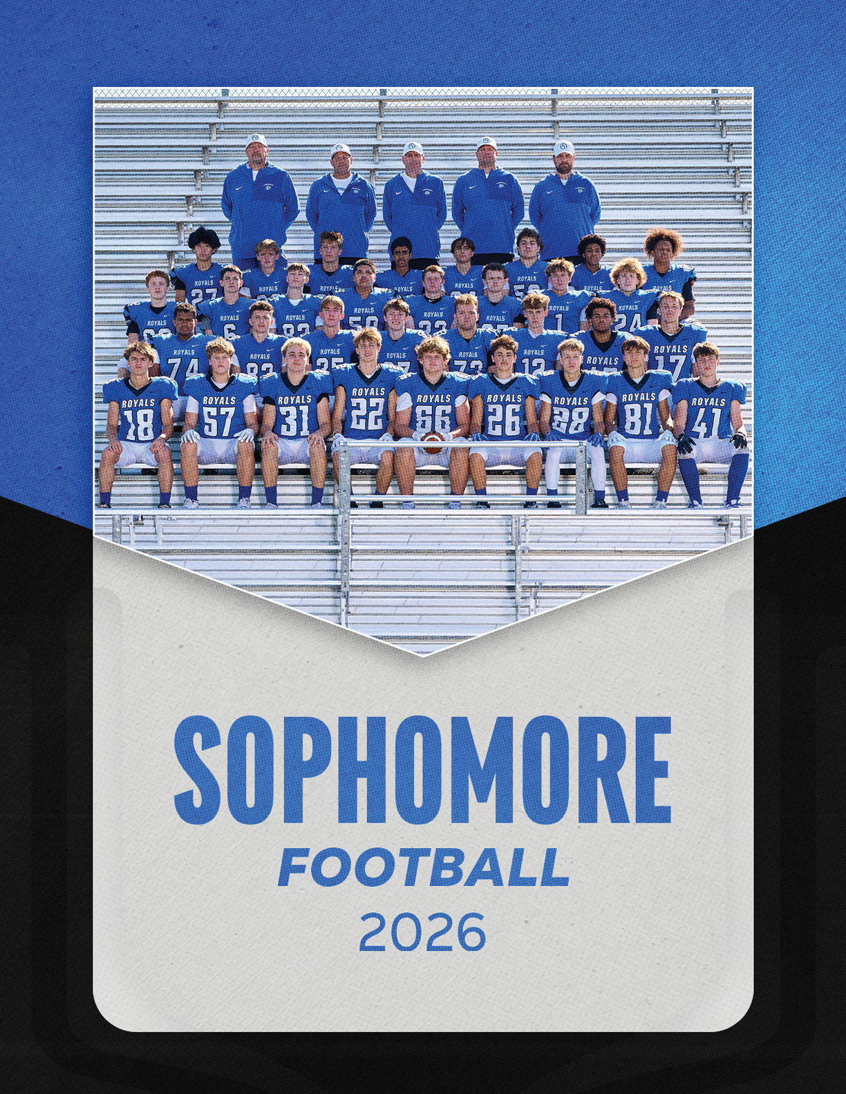 A group of young men pose for a photo in their football uniforms. Description generated by AI