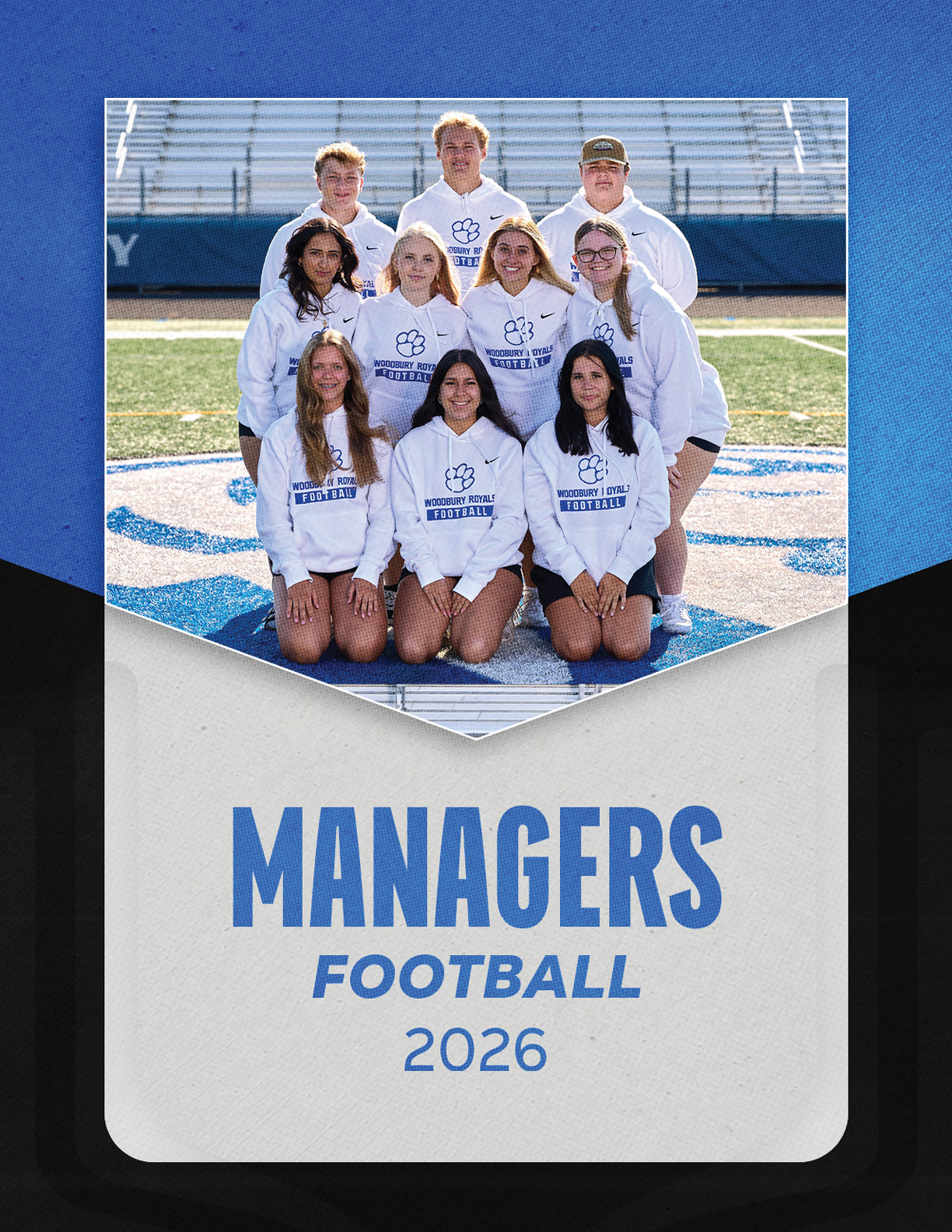 A group of people wearing white shirts and blue lettering. Description generated by AI