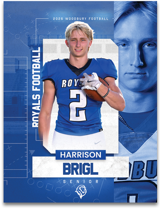 A football player named Harrison is wearing a blue and white uniform. Description generated by AI