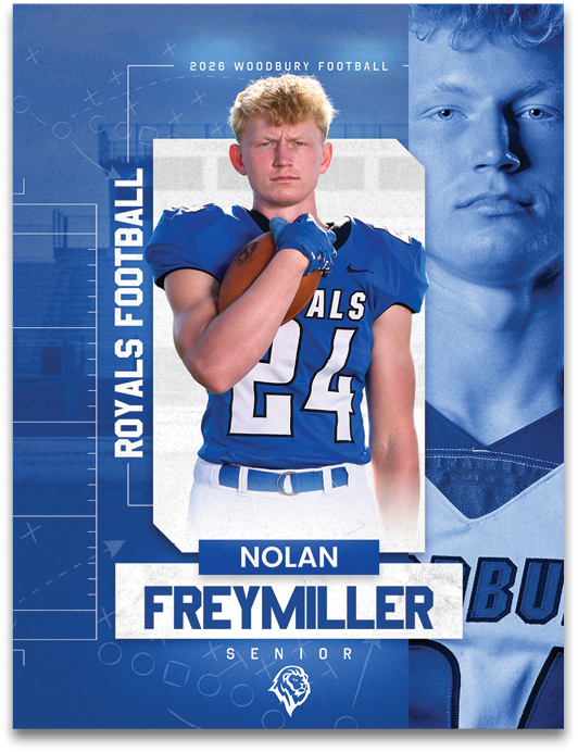 A football player named Nolan wearing a blue and white uniform. Description generated by AI