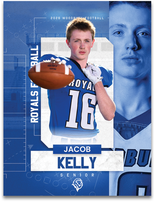 A football player named Jacob Kelly wearing a blue and white uniform. Description generated by AI