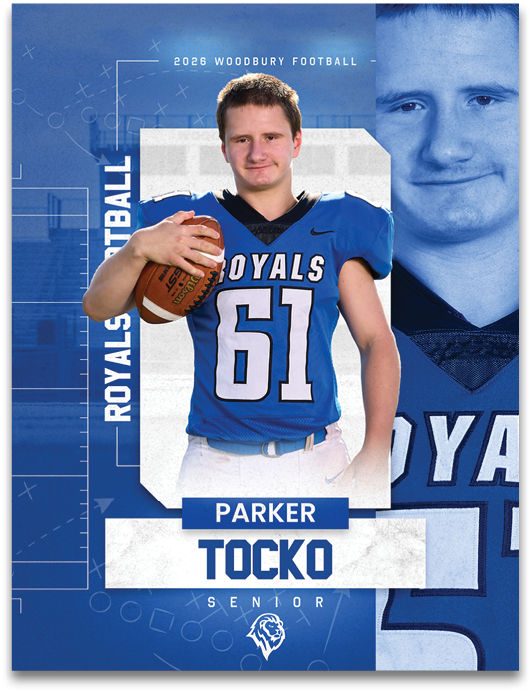 A football player wearing a blue and white uniform. Description generated by AI