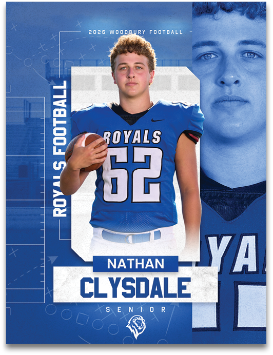 A football player wearing a blue and white uniform. Description generated by AI