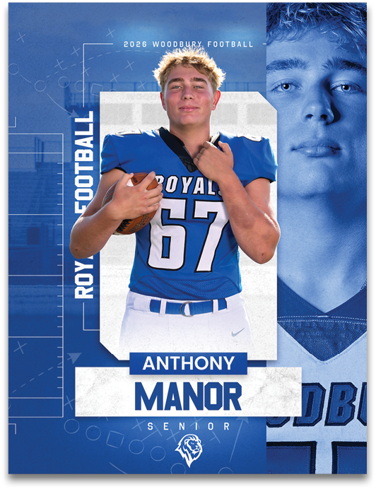 A football player wearing a blue and white uniform. Description generated by AI