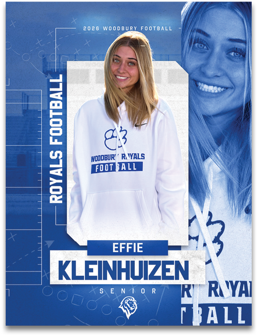 A woman wearing a white hoodie with the word Royals on it. Description generated by AI