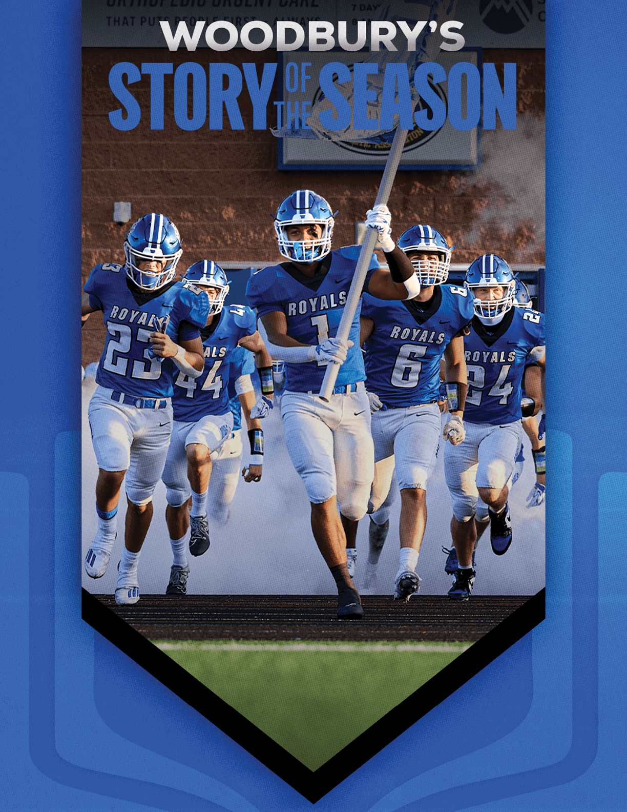A football team running on the field. Description generated by AI