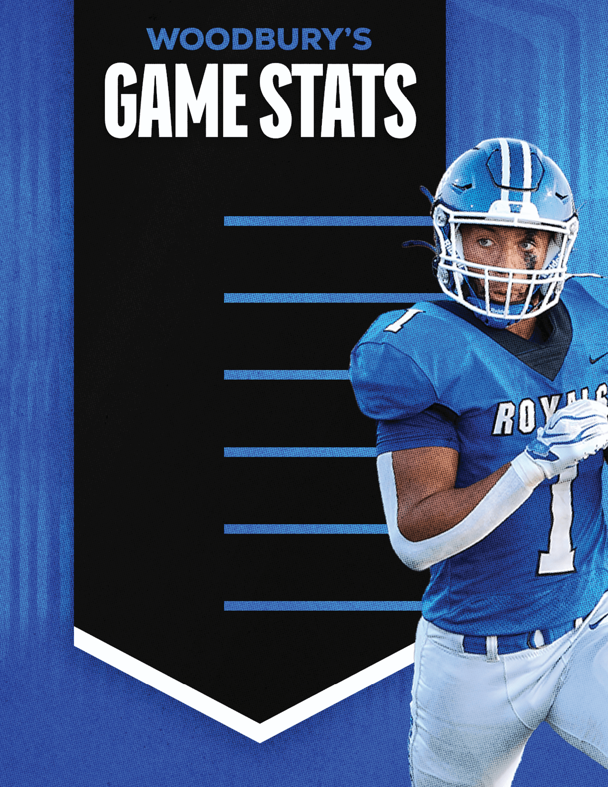 A football player wearing a blue and white uniform. Description generated by AI