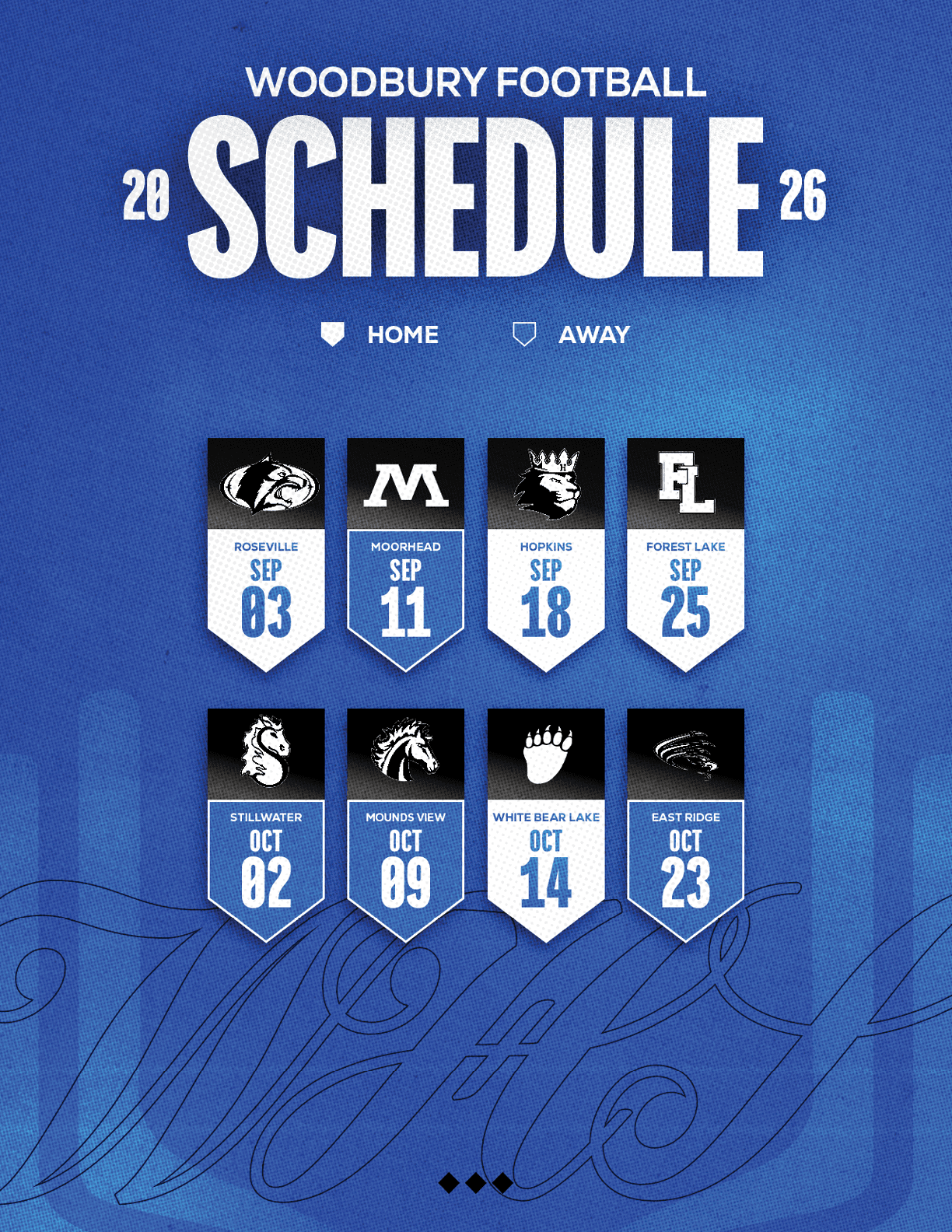 A football schedule for Woodbury Football. Description generated by AI