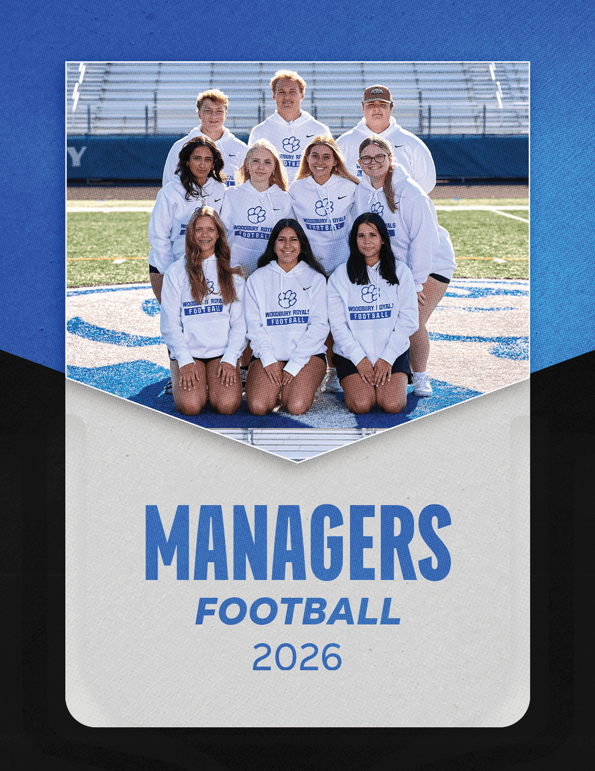 A group of people wearing white shirts and blue lettering. Description generated by AI