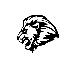 A black and white lion head. Description generated by AI