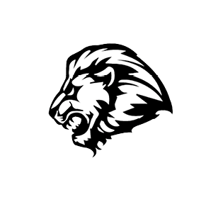 A black and white lion head. Description generated by AI