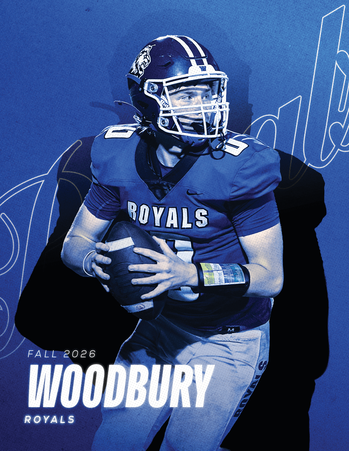 A football player wearing a blue and white uniform. Description generated by AI