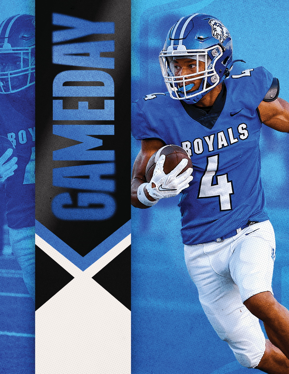 A football player wearing a blue jersey with the number 4 on it. Description generated by AI