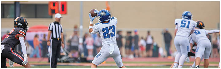 A football player wearing a blue and white uniform is about to throw the ball. Description generated by AI
