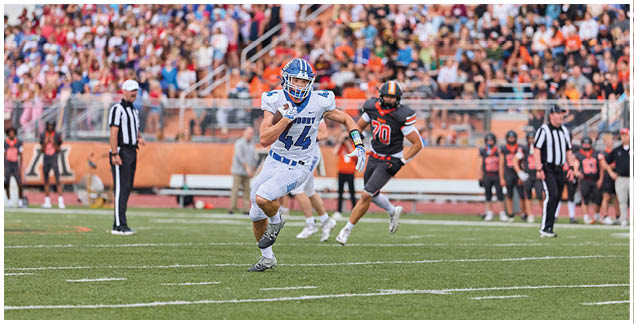 A football player in a blue and white uniform running on the field. Description generated by AI