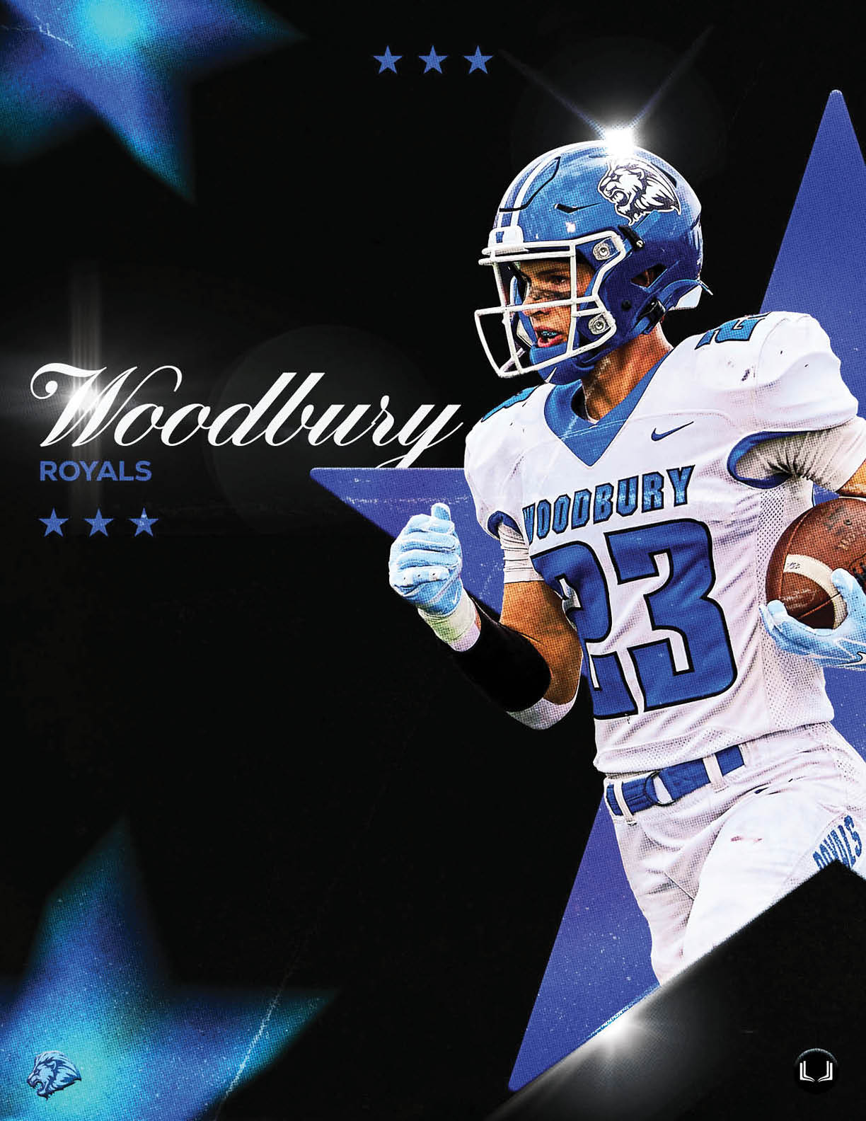 A football player wearing a blue and white uniform. Description generated by AI