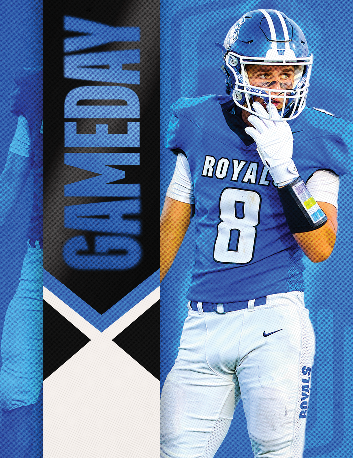 A football player wearing a blue and white uniform. Description generated by AI