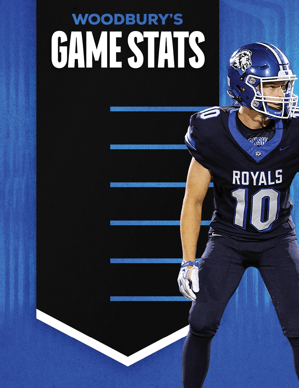 A football player wearing a blue and white uniform. Description generated by AI
