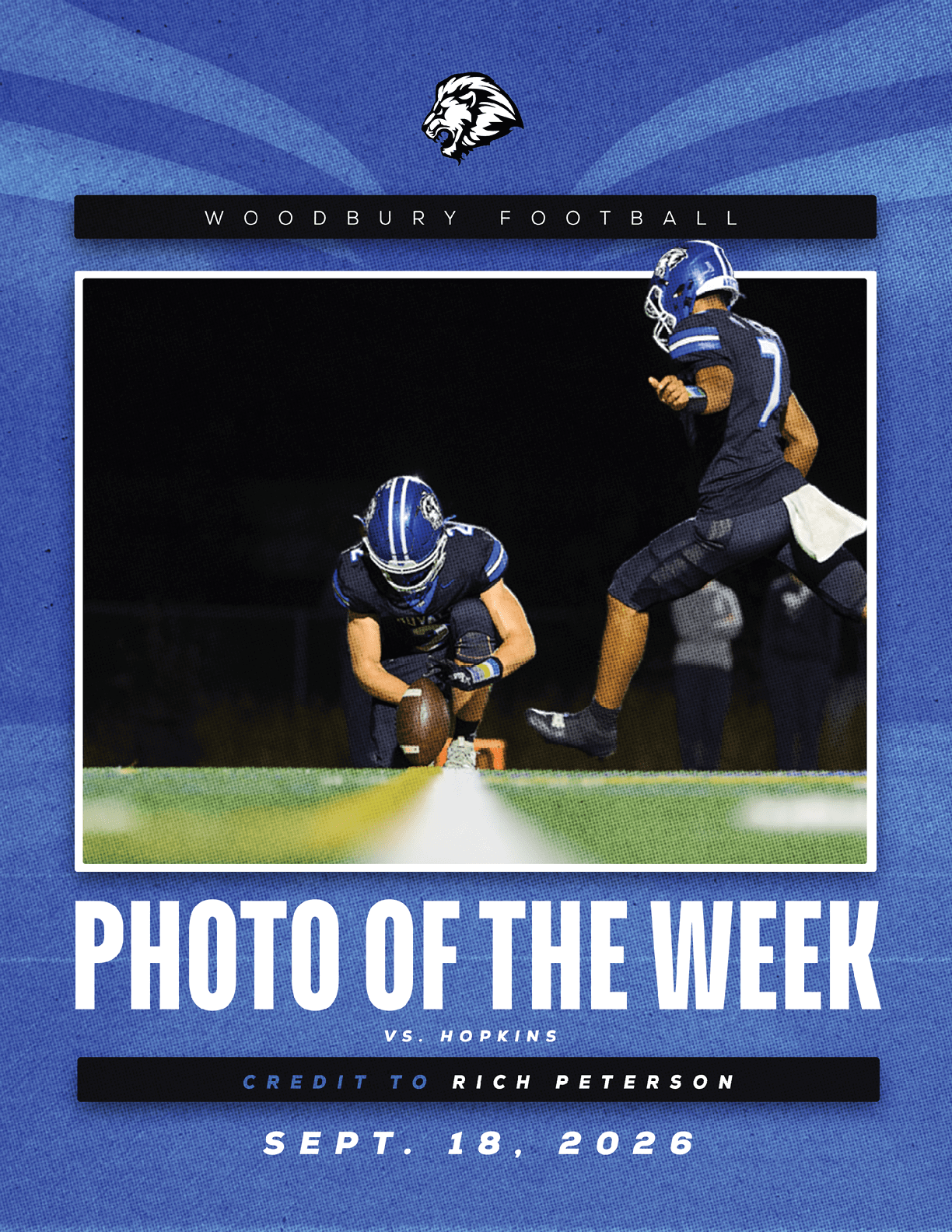 A football player wearing a blue and white uniform. Description generated by AI