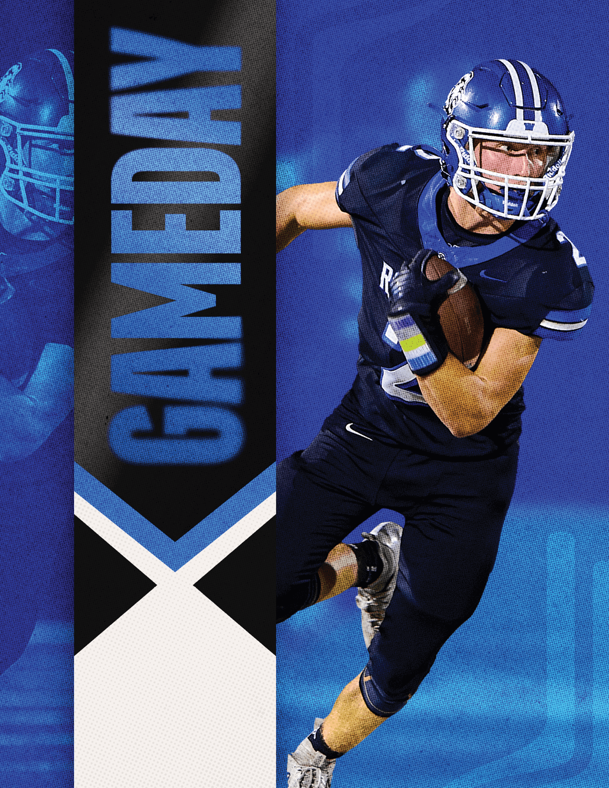 A football player wearing a blue jersey with the number 4 on it. Description generated by AI