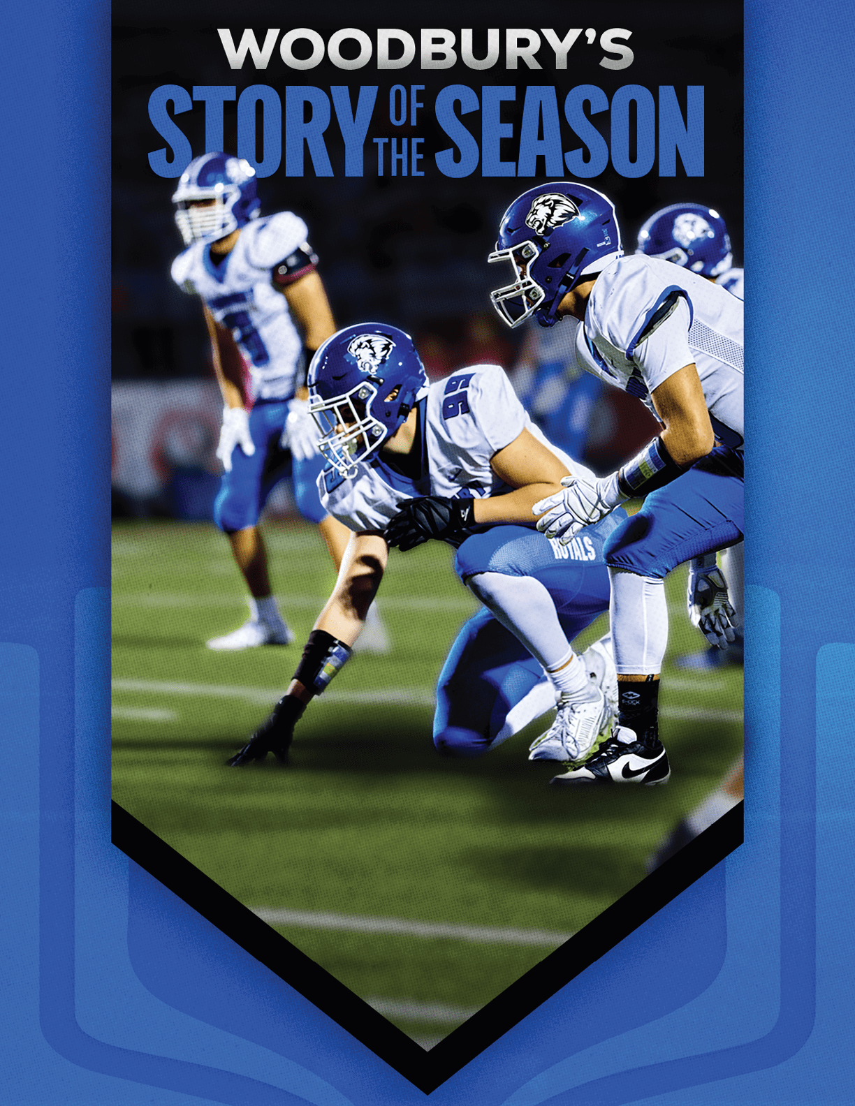 A football team running on the field. Description generated by AI