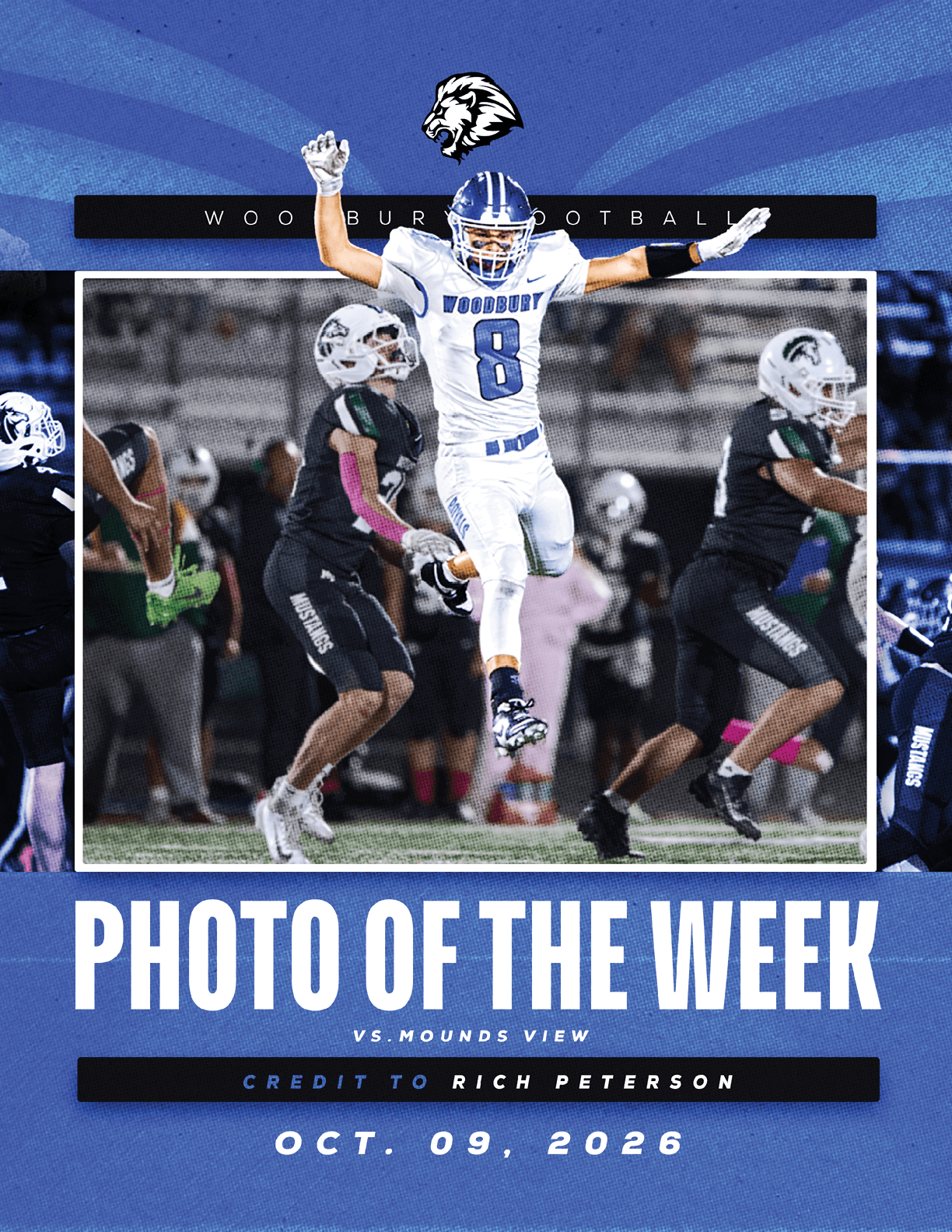 A football player wearing a blue and white uniform. Description generated by AI