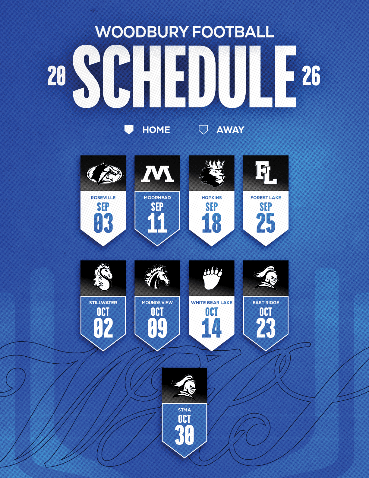 A football schedule for Woodbury Football. Description generated by AI