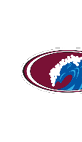 A stylized blue ocean wave with white foam inside a maroon and white oval border. Description generated by AI
