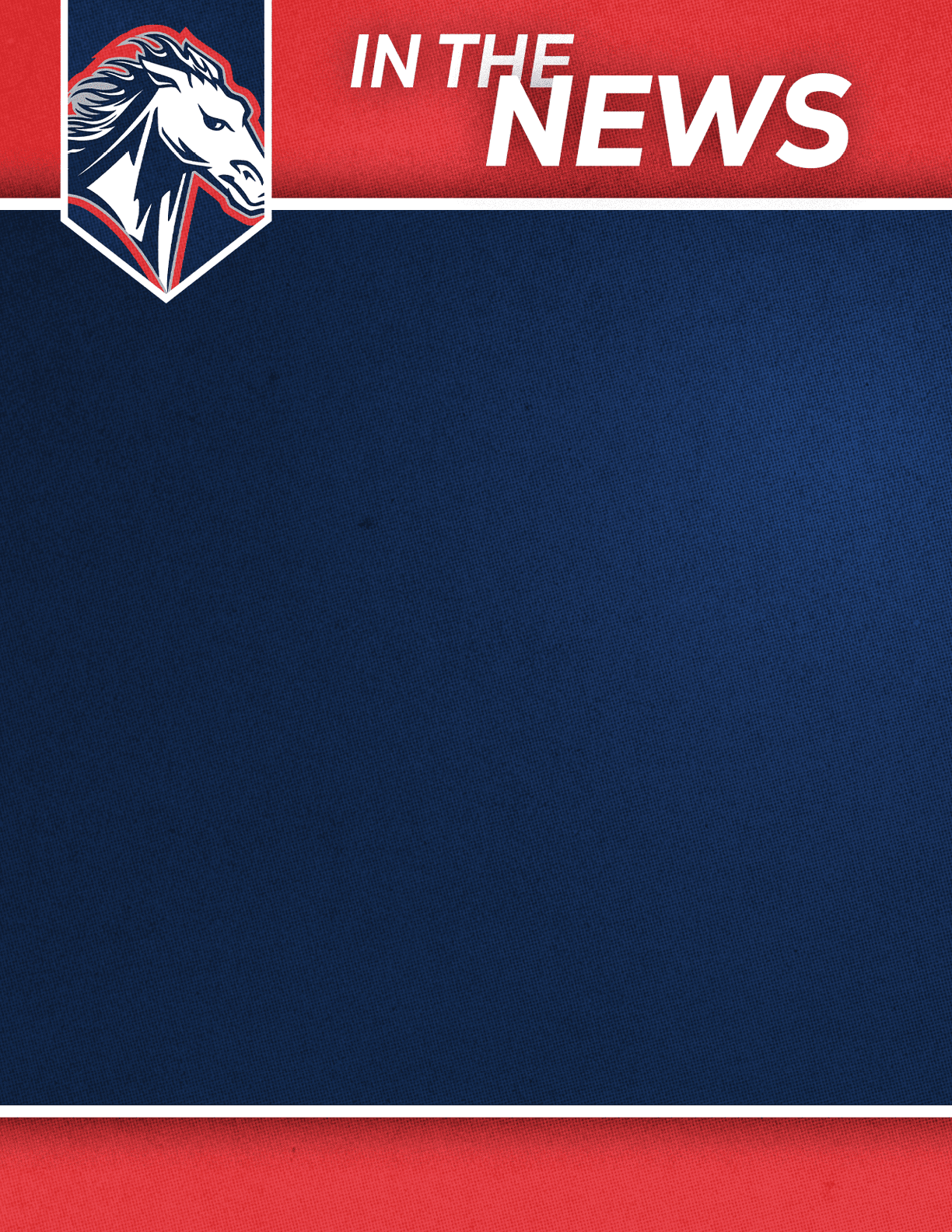 A graphic with a red and navy blue background featuring a stylized horse head logo and the text “IN THE NEWS" at the top. Description generated by AI