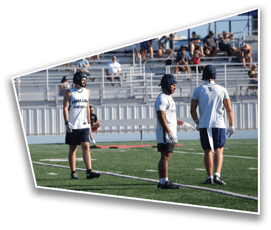 An adult wearing a helmet, gloves, and a sleeveless sports jersey stands on a football field near the sideline with bleachers and spectators in the background. Description generated by AI