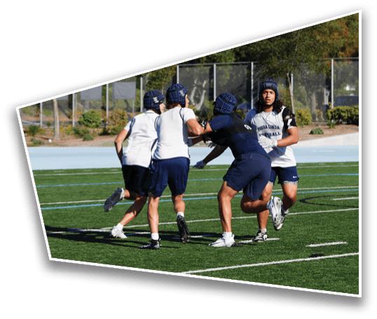 People wearing helmets and athletic clothing are crouched and appear to be preparing for a sports drill on a grassy field. Description generated by AI